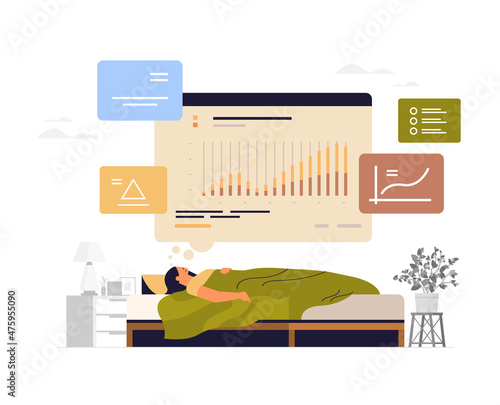 overworked businesswoman sleeping in bed tired businesswoman thinking about financial company statistics data report