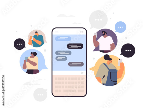 people typing message on smartphone mix race men women chatting in mobile app chat bubble communication