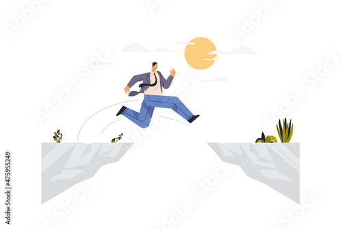 businessman jumping over cliff gap mountain business risk success challenge courage determination motivation