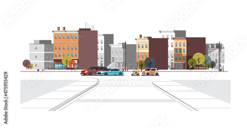 cars parking along city street modern cityscape background horizontal flat