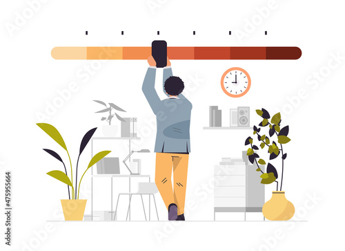 businessman reducing stress level business man struggling with arrow of crisis measure office interior