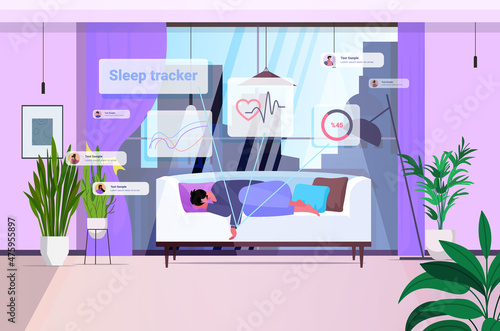 tired man sleeping with electronic smart watch app tracker on hand quality and quantity sleep control concept