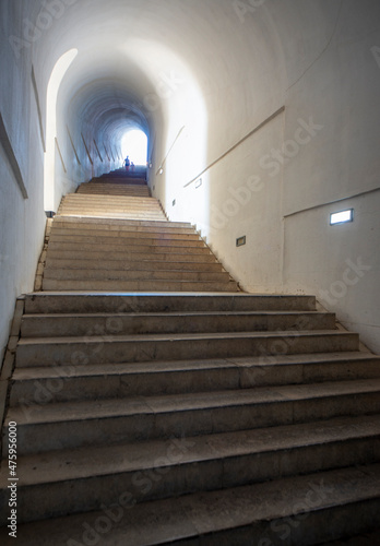 Long stairway tunnel to Njegjos Mausoleum Mount Lovcen Montenegro Eastern Europe.