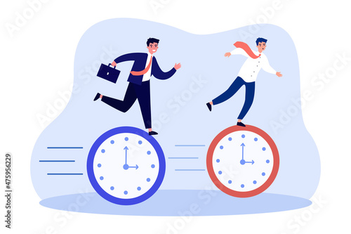 Business people rushing to deadline, running fast. Tiny busy persons riding clocks in hurry flat vector illustration. Time management, urgency concept for banner, website design or landing web page