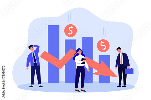 Business people with falling chart of stock market. Frustration of tiny people from losing money flat vector illustration. Bankruptcy, finance concept for banner, website design or landing web page