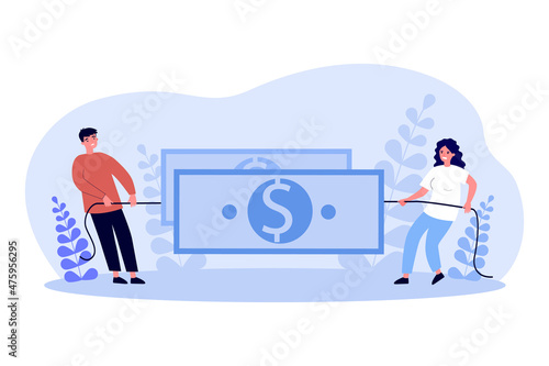 Business people tug of war with money. Conflict and struggle of tiny man and woman for dollar flat vector illustration. Corporate fight, effort concept for banner, website design or landing web page