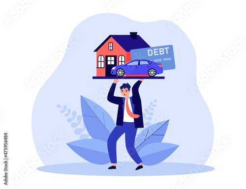 Businessman carrying heavy burden of house and car debts. Man overcoming financial problem flat vector illustration. Loan, property, bankruptcy concept for banner, website design or landing web page