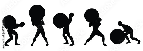 Set of men carries heavy object silhouette vector, hard working or debt problem concept.