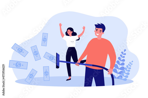 Rich people with vacuum cleaner sucking flying paper money. Man holding hose of hoover flat vector illustration. Millionaire, success, wealth concept for banner, website design or landing web page