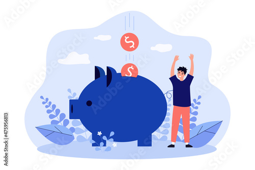 Happy man with falling money coins into piggy bank. Rich person with moneybox flat vector illustration. Financial investment, retirement, budget concept for banner, website design or landing web page