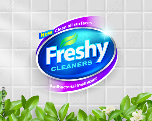 Cleaner products logo template For the production of packaging labels and advertising design. White tile background with leaves and flowers backdrop.