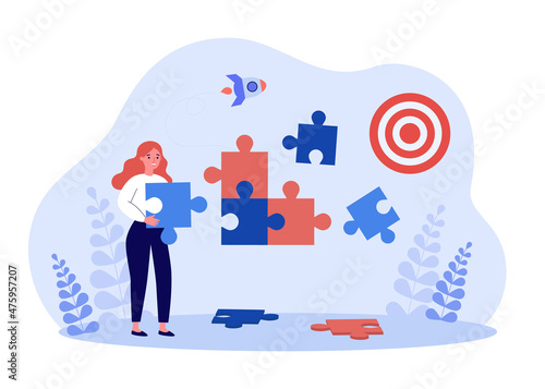 Businesswoman connecting puzzle pieces. Tiny woman building career, work success flat vector illustration. Startup, agreement, entrepreneurship concept for banner, website design or landing web page