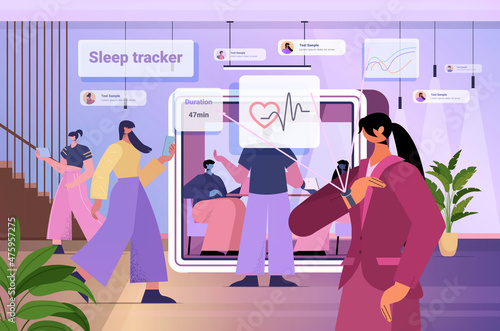 businesspeople using electronic smart watch app tracker on hand quality and quantity sleep control concept