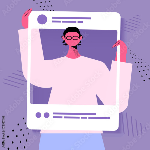 man in web browser window guy taking photo and posing in social networks portrait