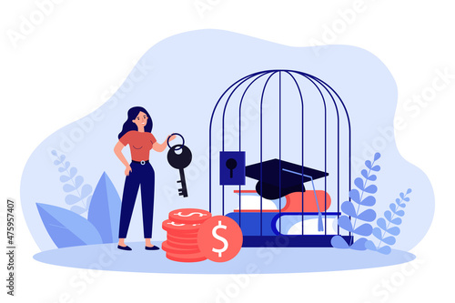 Woman holding key to cage with books and graduate hat. Girl paying for education flat vector illustration. High cost of knowledge, student loan concept for banner, website design or landing web page