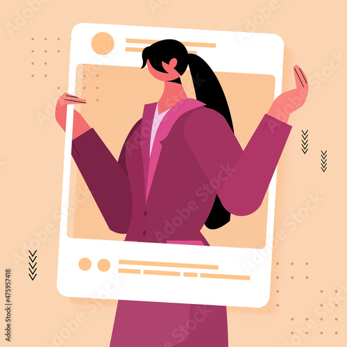 woman in web browser window girl taking photo and posing in social networks portrait