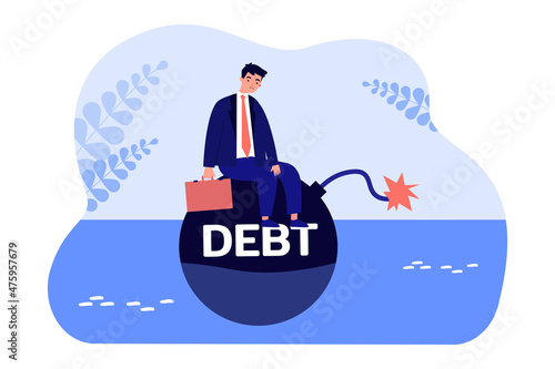 Sad businessman bankrupt sitting on debt bomb. Stress of tiny man with financial troubles flat vector illustration. Finance, bankruptcy, crisis concept for banner, website design or landing web page