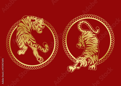 Chinese tiger year icon vector illustration design with gold color china frame