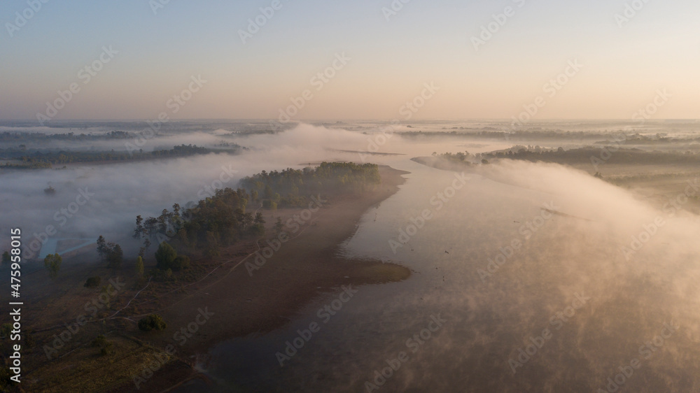 Aerial view lake landscape mist in the morning winter Sakon Nakhon, Thailand.