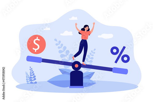 Percentage symbol and money on balancing scales with woman. Person measuring interest rate flat vector illustration. Bank credit, investment concept for banner, website design or landing web page photo