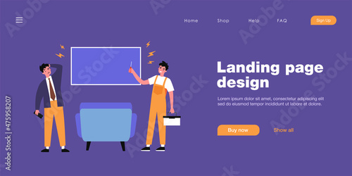 Happy handyman repairing television monitor. Home, screwdriver, repairman flat vector illustration. Service and maintenance concept for banner, website design or landing web page