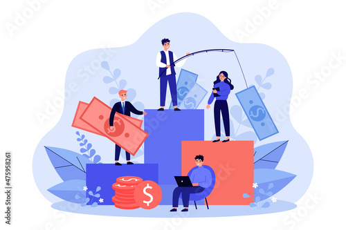 Tiny managers catching money with fishing rod. Growth of profit and wealth for business people flat vector illustration. Opportunity, career concept for banner, website design or landing web page