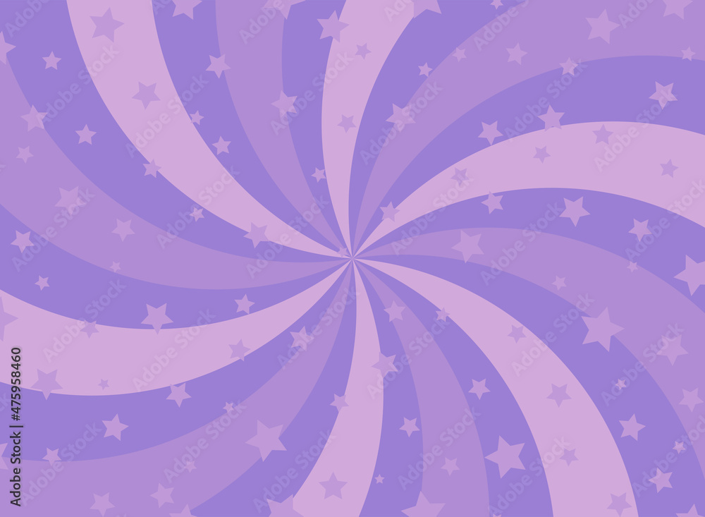 Sunlight spiral horizontal background. Purple and violet color burst background with shining stars.