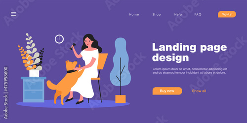 Cartoon woman playing with dog at home. Flat vector illustration. Female character spending time with pet, training dog, giving commands. Pet, play, training, animal concept for banner design