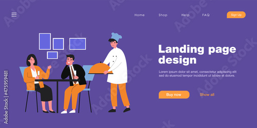Married couple drinking champagne at restaurant. Husband and wife chatting, waiter with order flat vector illustration. Restaurant, dating concept for banner, website design or landing web page