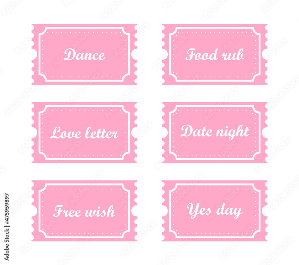 Valentines coupons. Love night tickets. Best gift for boyfriend. Present for couples. Vector cards templates in cartoon style. Valentines coupons. Love night tickets. Best gift for boyfriend. Present for couples. Vector cards templates in cartoon style.