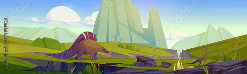 Prehistoric landscape with dinosaurs, mountains, green grass and cracks in ground after earthquake. Summer scene with ancient reptiles in jurassic or cretaceous time, vector cartoon illustration