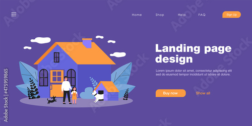 Happy man, girl and dogs in front of house. Backyard, guardian, kennel flat illustration. Lifestyle and domestic animals concept for banner, website design or landing web page