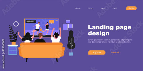 Back view of friends watching basketball on TV. Sofa, home, living room flat vector illustration. Entertainment and sport game concept for banner, website design or landing web page