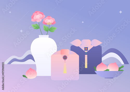 Korean traditional gift box, vase, and peach.