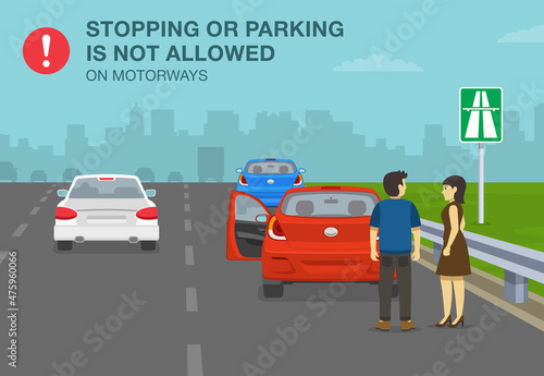Traffic rules on highway, speedway, motorway. Stopping or parking a vehicle on an expressway is not allowed. Two stopped drivers on a highway talking each other. Flat vector illustration template.