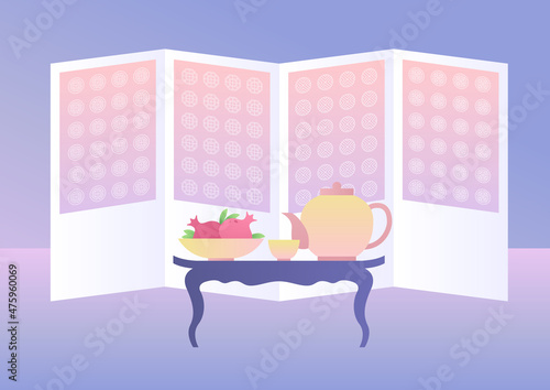 Korean traditional folding screen and tea table.