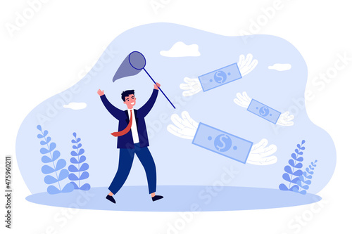 Entrepreneur chasing money with butterfly net. Man running after cash money flying away flat vector illustration. Entrepreneurship, profit concept for banner, website design or landing web page