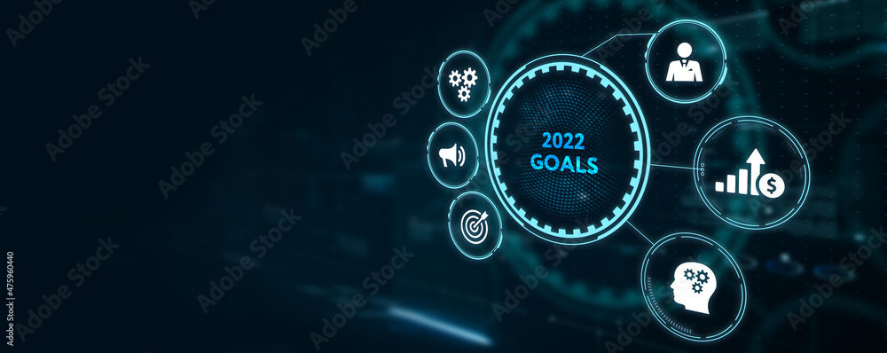 Business, Technology, Internet and network concept. virtual screen of the future and sees the inscription: 2022 goals 3d illustration