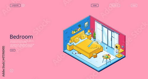 Bedroom banner. Isometric empty room for sleep and relax in apartment, house or hotel. Vector landing page with illustration of home interior with modern furniture, bed and scratching post for cat