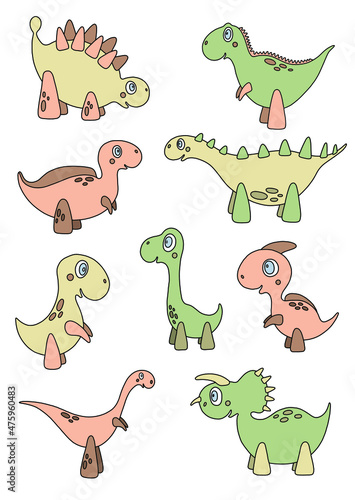 Vector collection of isolated illustrations. Clip art with nine cartoon little dinosaurs in gentle colors. Cute children   s characters. Nice illustration for stickers  cards  pattern  kids room decor