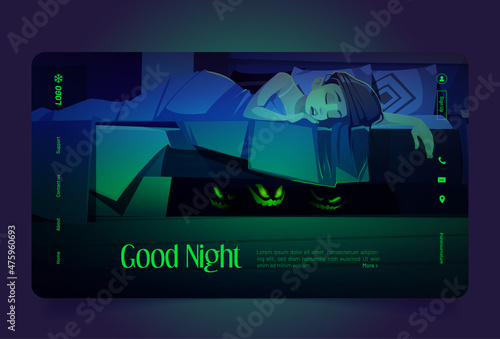 Good night cartoon landing page, young woman sleeping with monsters hiding under the bed, nightmare. Girl sleep in dark room with creepy glowing faces, Halloween scene, Cartoon vector web banner