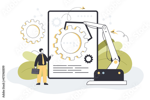 Man and digital era algorithm of AI. Social system of 21st century and workforce challenge flat vector illustration. Smart business process, human resources automation, artificial intelligence concept