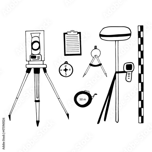 tacheometer, technical level, Total station, tape measure, leveling staff, compass, tablet, dividers set hand drawn doodle. vector,sketch. icon. geodesy, cartography, measurement, construction, survey