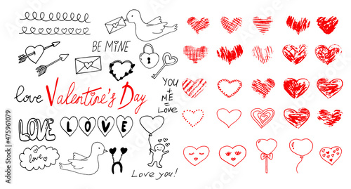 valentine day set hand drawn doodle. vector, scandinavian, minimalism. icon, sticker, card. love, romance.