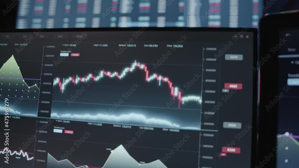 Cryptocurrency exchange altcoins on rear monitor and ethereum and bitcoin analysis interfaces on front monitors