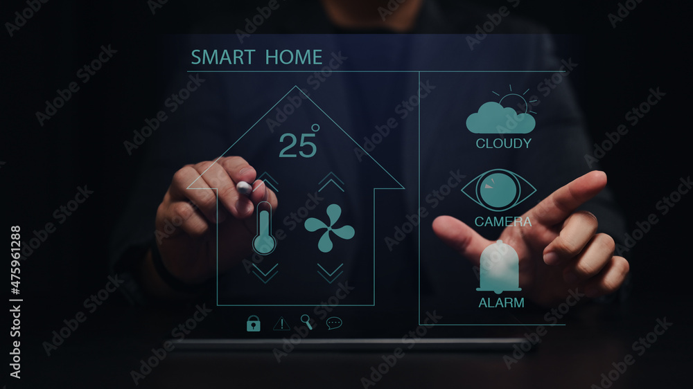 User controlling all the functions on a virtual screen of futuristic interface of smart home automation assistant. User controlling all the functions on a virtual screen of futuristic interface of smart home automation assistant.
