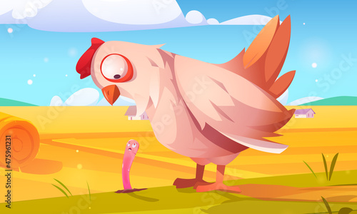 Rural landscape with hay bales on agriculture field, hen and worm. Vector cartoon illustration of countryside, farmland with round wheat straw rolls, barns, yellow haystacks and chicken with earthworm