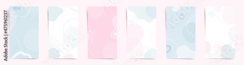 Chinese new year sale stories banners fashion template set. Lunar year design for stories and promo posts. Design with wavy patterns, seigaiha, and abstract shapes in white, blue, and pink colors set.