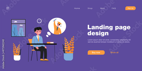 Pupil thinking of graduating from university. Boy in school uniform daydreaming in class flat vector illustration. School, graduation, education concept for banner, website design or landing web page