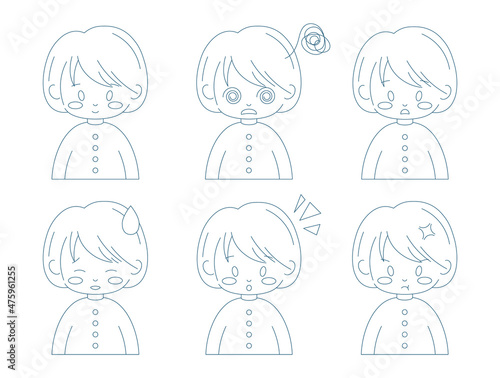 Outline simple cute girl emotions set. Vector sketch woman face contour emoji with expression of emotion. Simple line art drawing illustration - confused, embarrassed, nervous, angry, shocked, face.